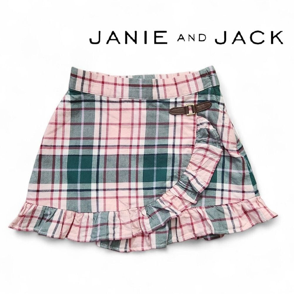 Janie and Jack Girls Kids Plaid Ruffle Hem Skirt - Pink and Green Size 4 T